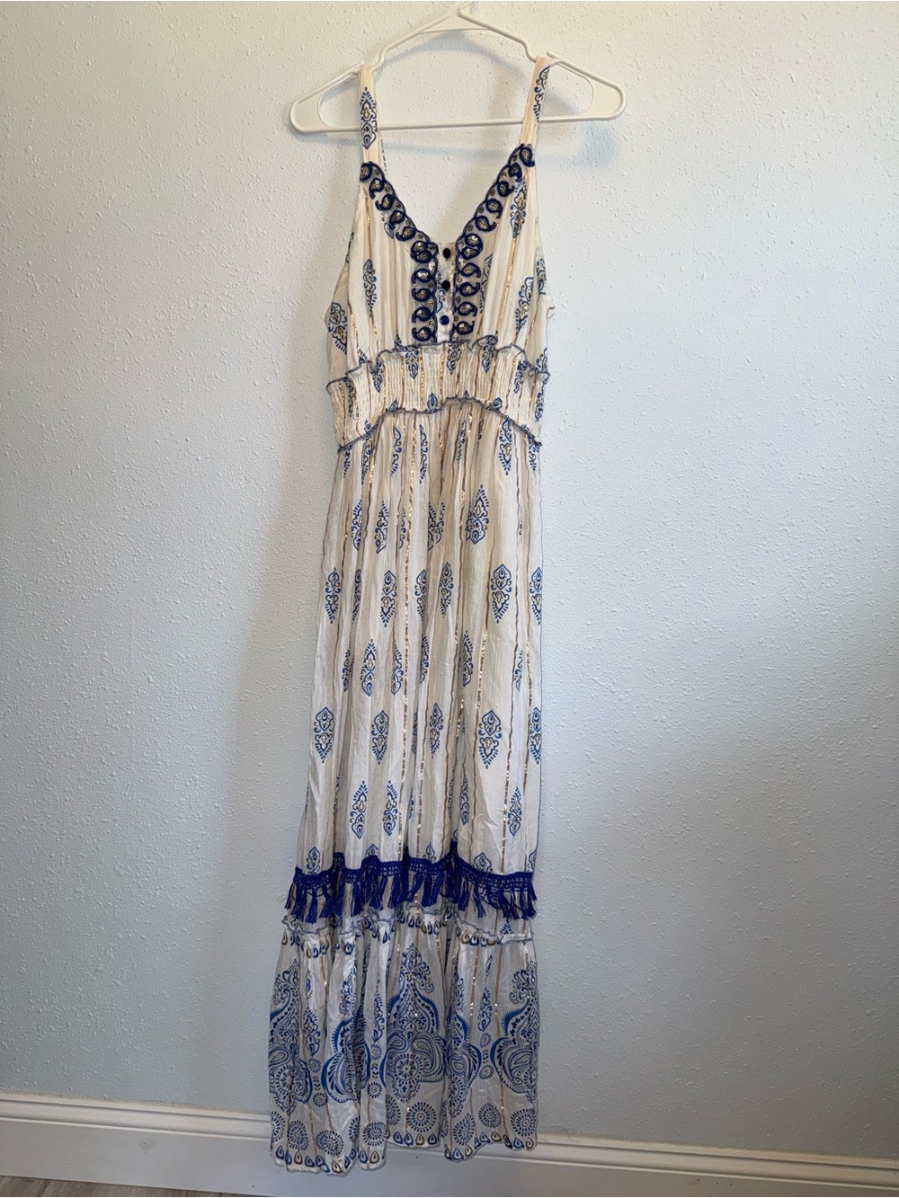 Bohemian White and Blue Maxi Dress with Embroidered Detail